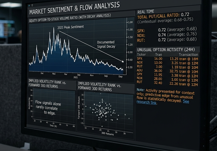 Flow Room — option-to-stock volume ratio annotated with documented signal decay, put/call ratios against their contextual averages, and unusual activity carrying a context-only caveat